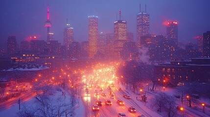 Fototapeta premium Toronto Winter Nightscape: A Snowy Cityscape under Twilight