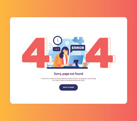 Error 404 landing page message female worker character frustrated with laptop internet didn't work. Hard work. Vector flat cartoon illustration