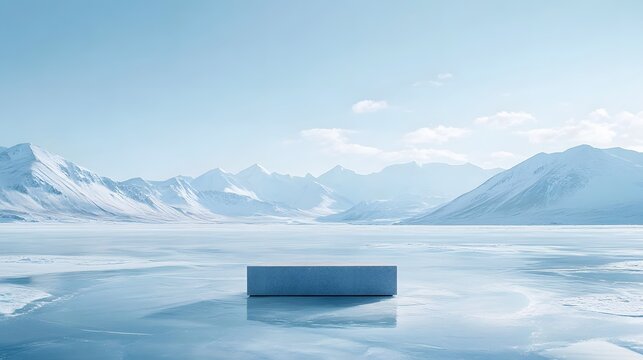 A podium standing in the middle of a vast frozen lake, with snow-capped mountains in the distance