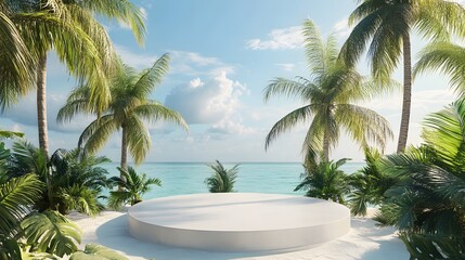 Fototapeta premium A podium on a tropical island, surrounded by palm trees and turquoise waters