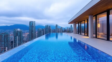 Fototapeta premium Luxury cityscape infinity pool with modern architecture overlooking urban skyline