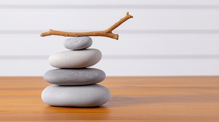 Zen balance: smooth stones and wooden stick on minimalist wooden surface for tranquil home decor