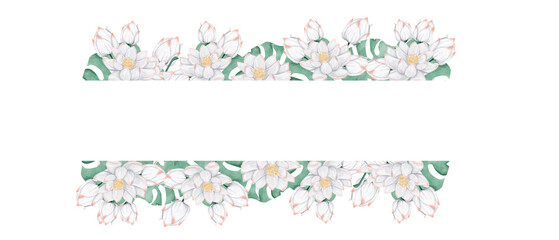Watercolor Illustration Tropical Frame with Lush Foliage and White Lotuses, Template for Print, Textile and Web