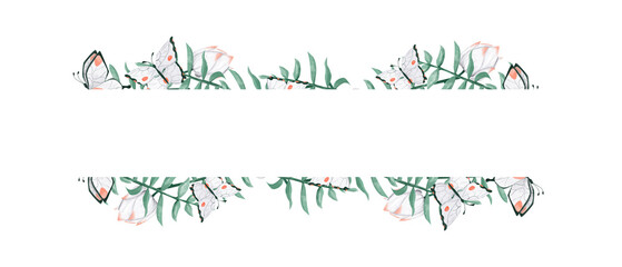 Watercolor Illustration Tropical Frame with White Flower Buds, Butterflies and Exotic Leaves, Template for Print, Textile and Web