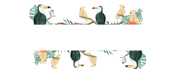 Fototapeta premium Watercolor Illustration Tropical Frame with Exotic Birds Toucans and Yellow Parrots, Template for Print, Textile and Web