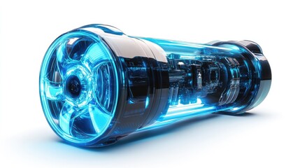 Futuristic car turbo engine in blue neon isolated on white background