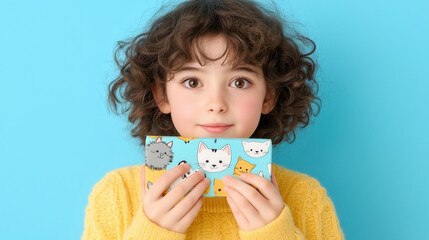 Curly-haired child holding cute cat-themed wallet against blue background