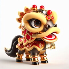 Fototapeta premium 3D Adorable gold red and black horse in a lion dance costume on a white background