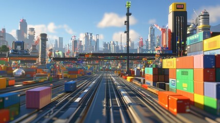 Fototapeta premium Futuristic city with railway lines and containers
