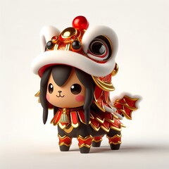 Fototapeta premium 3D Adorable gold red and black horse in a lion dance costume on a white background