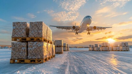 Airplane landing with cargo pallets at sunset on snowy runway
