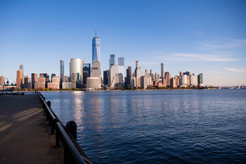 Obraz premium NYC, NY. New York City Skyline with Urban Skyscrapers USA. Lower Manhattan and One World Trade Center in New York City, USA as seen from Weehawken New Jersey Panoramic view on Manhattan.