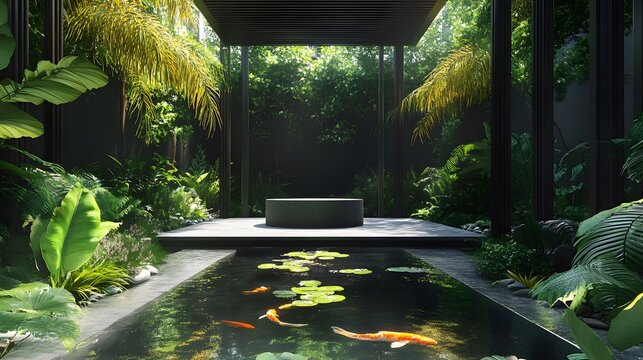 A podium in the middle of a serene Japanese garden, with a koi pond and lush greenery surrounding it
