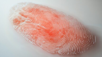 Abstract close-up of a large, translucent, red fingerprint on a white background.