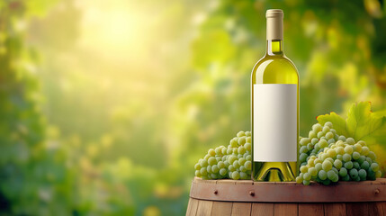 Fototapeta premium White wine bottle and grapes in vineyard during sunset