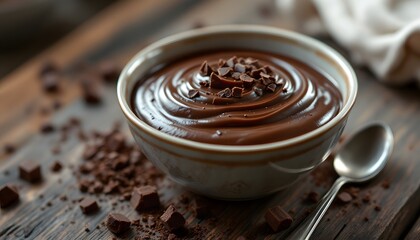 An ultra-realistic image of a bowl of chocolate pudding, served with a spoon resting on the side and a few shavings of dark chocolate sprinkled on top. The pudding should be rich, thick, and glossy, w