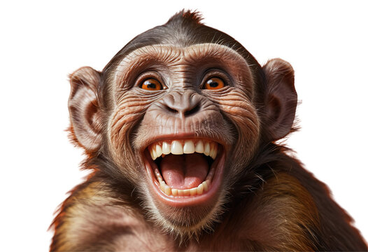 A close-up photograph depicts a young monkey with its mouth wide open, revealing its teeth in a seemingly joyful or screaming expression, Isolated on Transparent Background