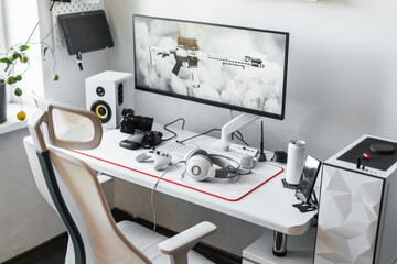 Stylish streamer area powerful PC, high-quality headphones and microphone. Perfect space for...