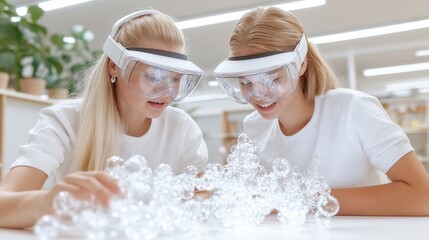 Two women exploring molecular models with safety goggles in a bright lab environment