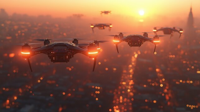Aerial fleet of drones soaring over cityscape at sunset