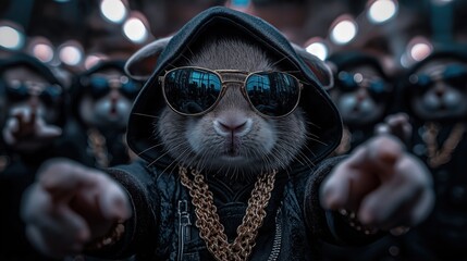Cool rabbit in hoodie and sunglasses with gold chain, surrounded by rabbit crew