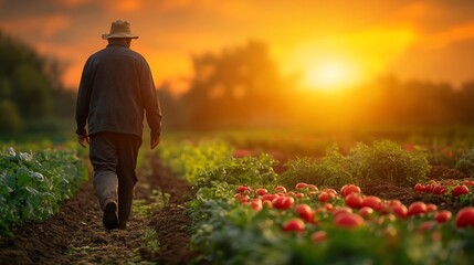 Fototapeta premium Farmer walking through sunset field.