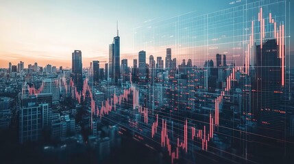A futuristic cityscape with digital stock market charts overlaying the skyline, representing the integration of finance and technology in a smart city.