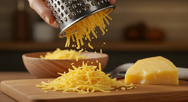 A realistic close-up of a hand holding a grater over a bowl, with fresh grated Gouda cheese falling onto a wooden cutting board. The cheese strands should be finely shredded, showing intricate detail 