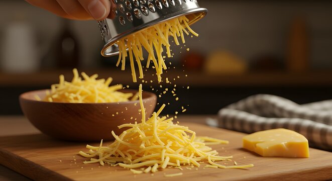 A realistic close-up of a hand holding a grater over a bowl, with fresh grated Gouda cheese falling onto a wooden cutting board. The cheese strands should be finely shredded, showing intricate detail 