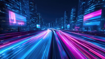 Futuristic cyberpunk cityscape with blue and pink light trails, portraying a sci-fi downtown scene at night with skyscrapers, highways, and billboards, depicted in a 3D illustration.
