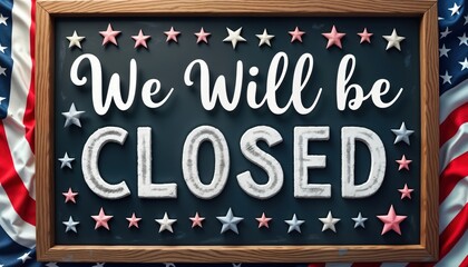 Business closed for Labor Day holiday. Dark-blue chalkboard sign with wooden frame displays patriotic message. Stars in red white, blue adorn board. Photo suitable for retail businesses announcing
