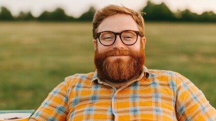 Fototapeta premium Smiling bearded man relaxing in plaid shirt outdoors at sunset