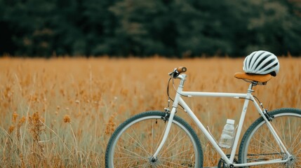 Fototapeta premium Vintage bicycle with helmet in serene field of tall grasses at golden hour