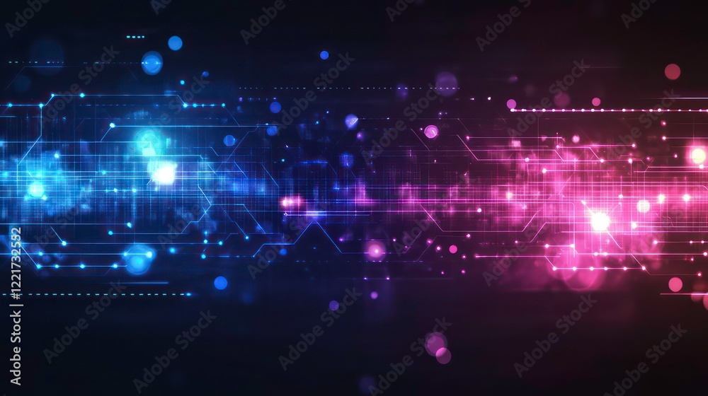 Poster abstract digital technology background with glowing lines and bokeh.