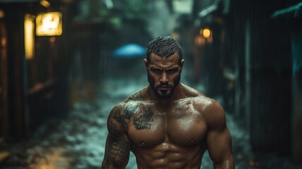 Muscular man with tattoos walking in rainy urban alley