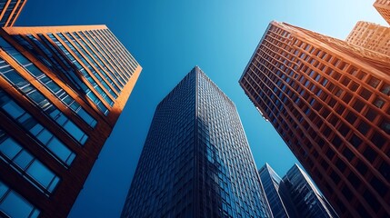 Obraz premium Skyscrapers, city, urban, low angle, sunlight, business, background