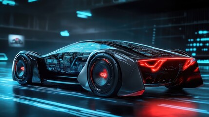 Futuristic electric car on digital technology background