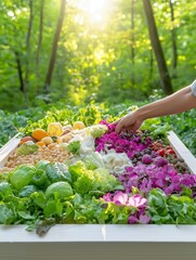 Hand picking fresh vegetables and fruits from a vibrant garden in sunlit forest setting