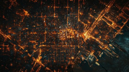 Fototapeta premium Night city aerial, illuminated streets, urban grid, glowing cityscape, website banner