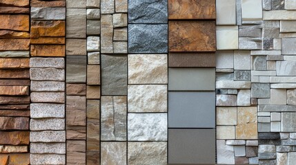 Stone tile samples displayed indoors, showcasing various textures and colors for construction or design