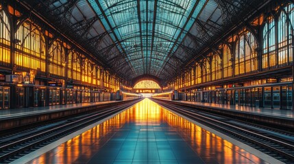 Obraz premium Grand station sunrise, platforms, tracks, glass roof, urban transport