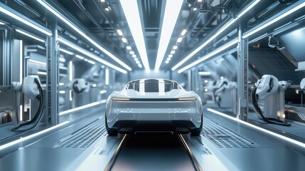 Obraz premium Futuristic electric car production factory with automated robotics