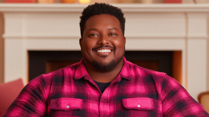 Smiling man in red plaid shirt relaxing at home in a cozy living room
