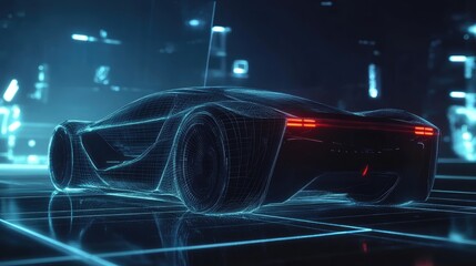Futuristic electric car with holographic wireframe digital technology background