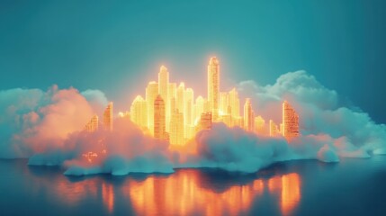 Fototapeta premium Glowing city skyline amidst clouds, futuristic design, reflection, concept art