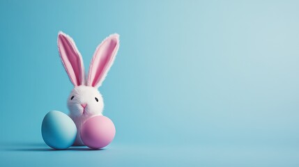 Fototapeta premium Easter party theme with bunny ears, pastel-colored eggs on a soft blue background, copy space for Easter messages