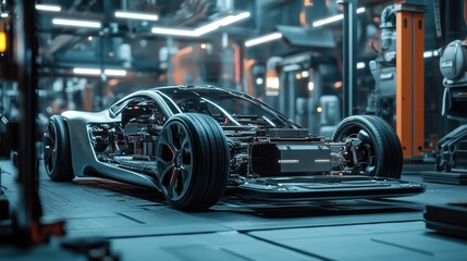 Obraz premium Futuristic electric sports car chassis with battery pack, Future EV factory production
