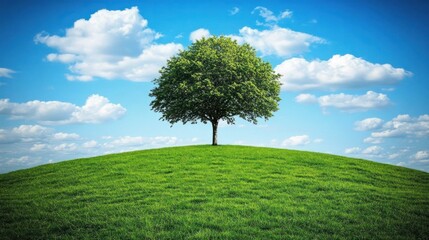 Obraz premium Lone tree atop green hill, blue sky, clouds, nature serenity, eco poster