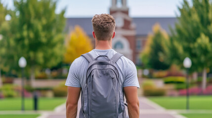 Student with backpack looking towards university campus in early fall