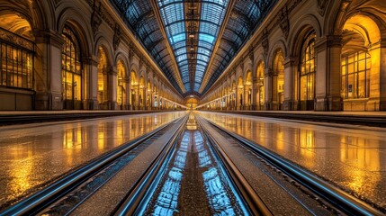 Obraz premium Parisian Train Station Interior, Night, Reflections, Empty Platform, Travel